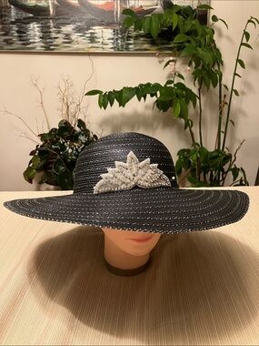 Chic Black and Metallic Silver Hat with Silver Rhinestone Beaded Leaf Accent